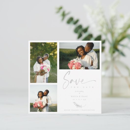 Gray Trendy Branches Wedding Save Date 3 Photos (スタンド正面)