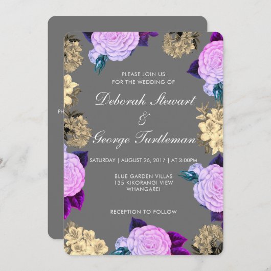 Gray Violet Floral Wedding Invitation 招待状 (正面/裏面)
