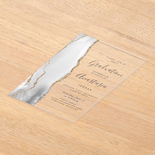 Gray White Gold Agate Gray Text Graduation アクリル招待状 (レイダウン)