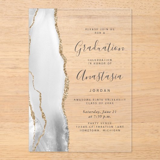 Gray White Gold Agate Gray Text Graduation アクリル招待状 (正面)