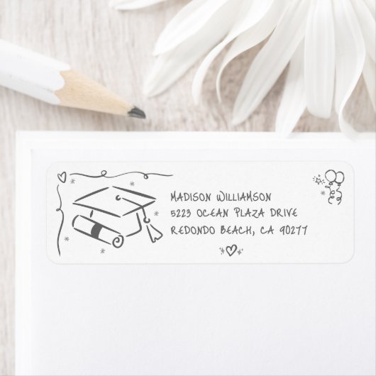 Gray White Hand Drawn Doodles Graduate Cap Address ラベル (インサイチュ)
