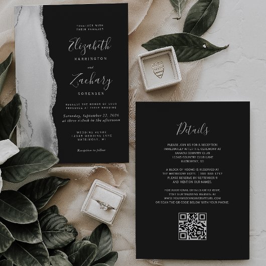 Gray White Silver Agate Slate QR Code Wedding 招待状