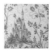 Grayscale Fairytale Castle with Ornate Vine Border タイル (正面)