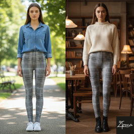 Grayscale Repeating Medium-Scale Plaid Texture レギンス