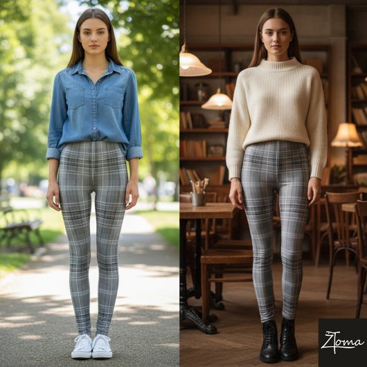 Grayscale Repeating Medium-Scale Plaid Texture レギンス