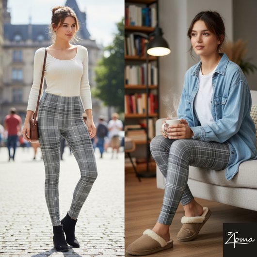 Grayscale Repeating Medium-Scale Plaid Texture レギンス