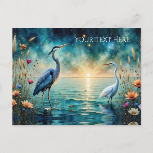 Great blue Heron and Egret flowers water ポストカード (正面)