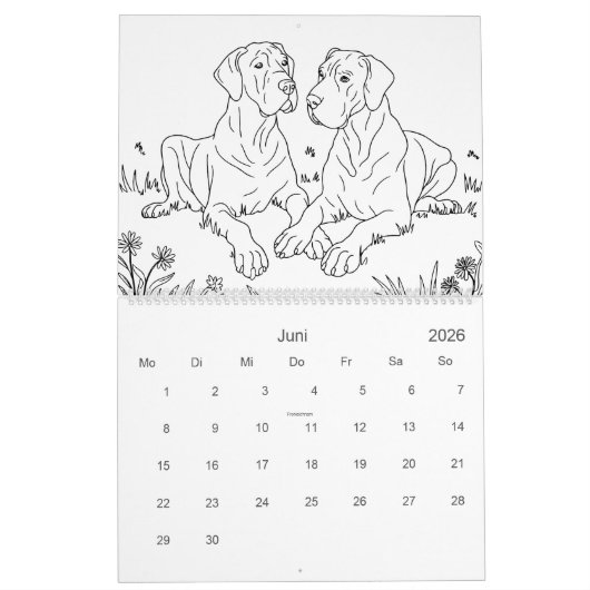 Great Dane 18-Month Coloring Personalized カレンダー (6月 2026)