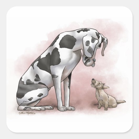 Great Dane and Scottish Terrier Cartoon スクエアシール (正面)