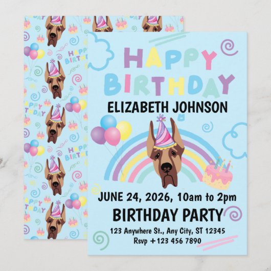 Great Dane Birthday Invitation in Blue 招待状 (正面/裏面)