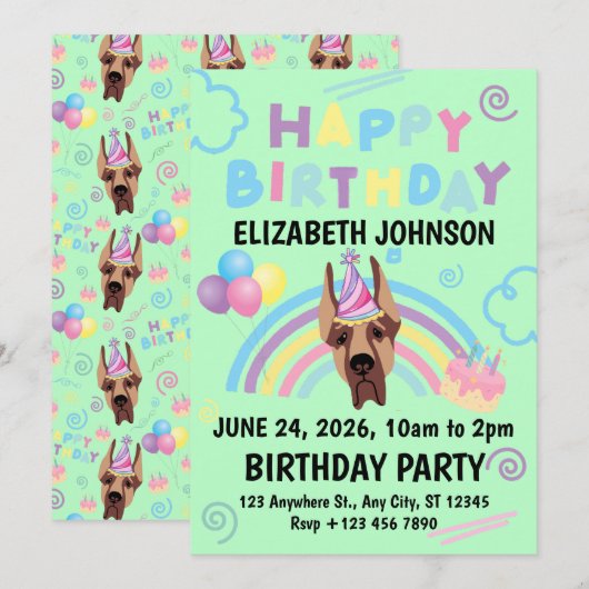 Great Dane Birthday Invitation in Green 招待状 (正面/裏面)