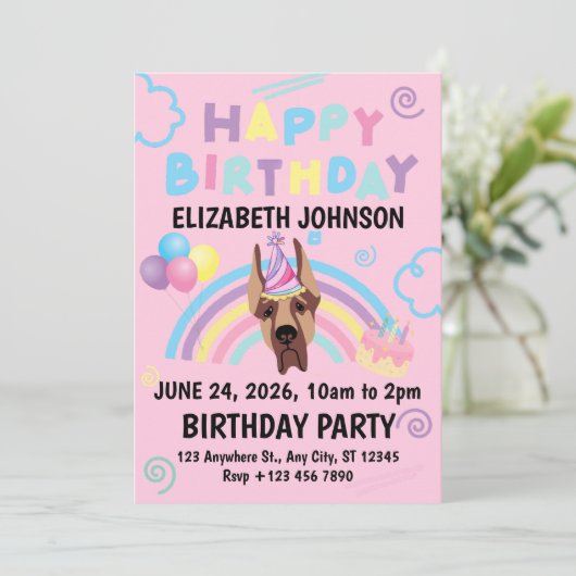 Great Dane Birthday Invitation in Pink 招待状 (スタンド正面)