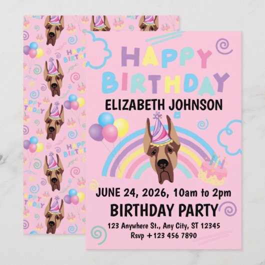 Great Dane Birthday Invitation in Pink 招待状 (正面/裏面)