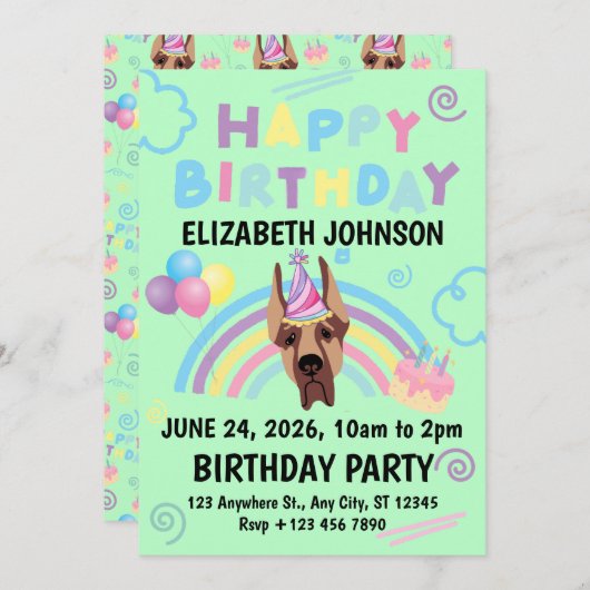 Great Dane Birthday Party Invitation Green 招待状 (正面/裏面)
