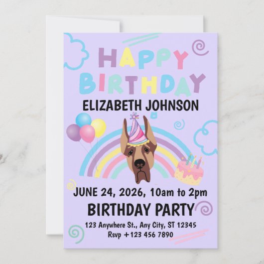Great Dane Birthday Party Invitation Purple 招待状 (正面)