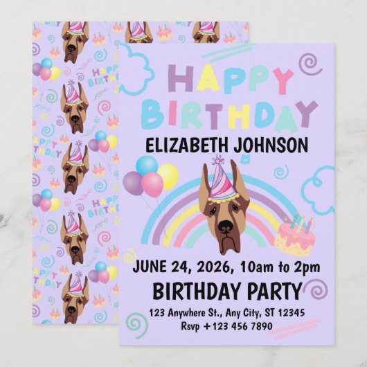 Great Dane Birthday Party Invitation Purple 招待状 (正面/裏面)