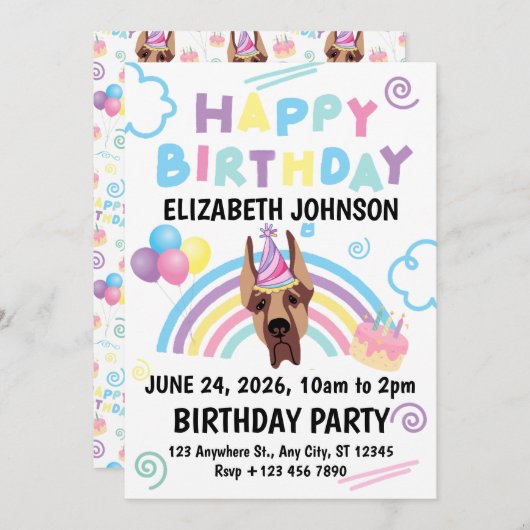 Great Dane Birthday Party Invitation White 招待状 (正面/裏面)
