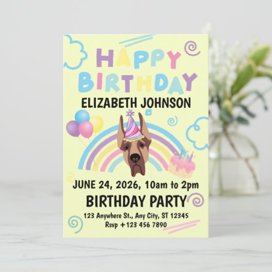 Great Dane Birthday Party Invitation Yellow 招待状 (スタンド正面)