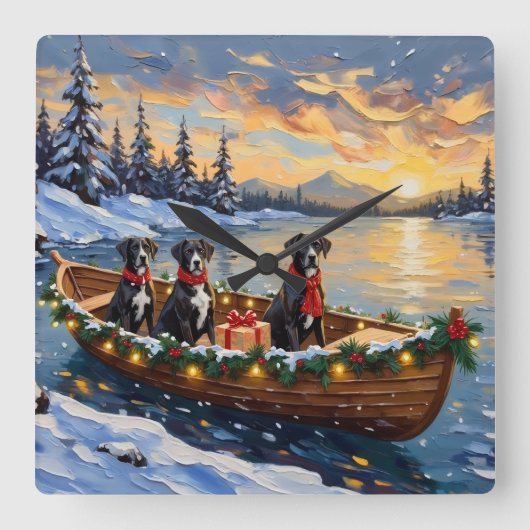 Great Dane Christmas Boat Holiday スクエア壁時計 (正面)