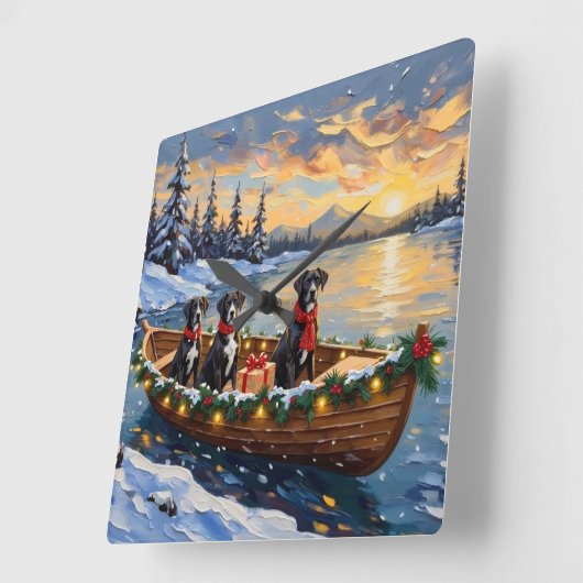 Great Dane Christmas Boat Holiday スクエア壁時計 (傾斜)