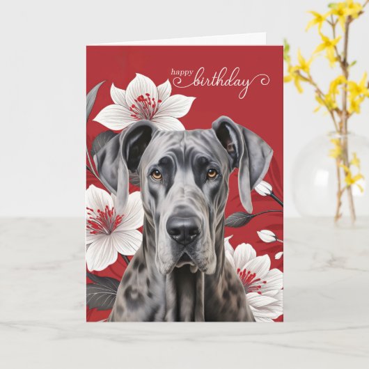 Great Dane Dog Birthday White Lilies on Red カード (黄色い花)