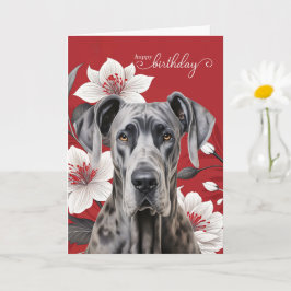 Great Dane Dog Birthday White Lilies on Red カード