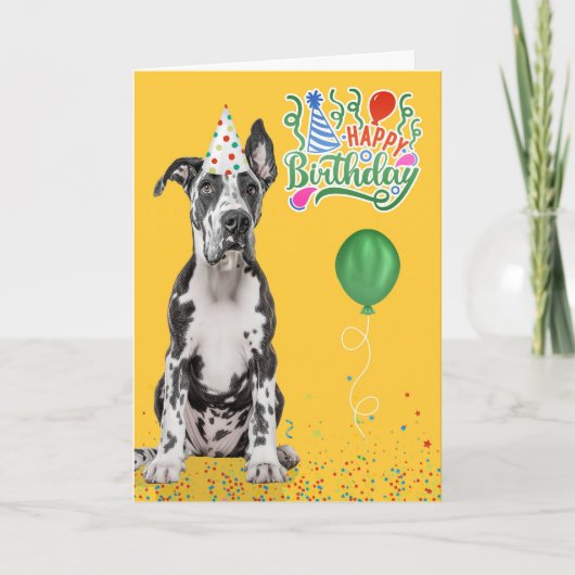 Great Dane Dog Party Hat Yellow Birthday カード (正面)
