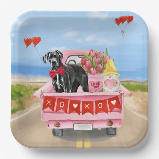 Great Dane Dog Valentine's Day Truck ペーパープレート (正面)
