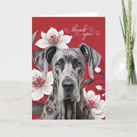 Great Dane Dog with White Lilies on Red サンキューカード (正面)