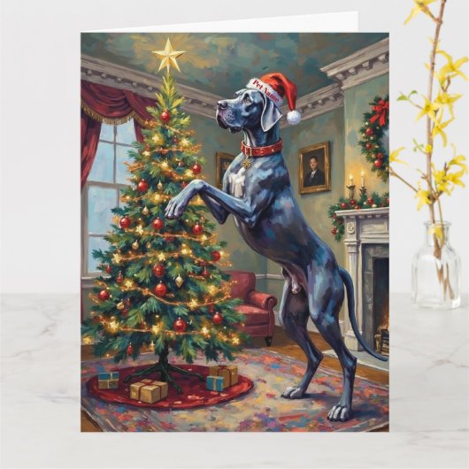 Great Dane Helping Decorate Christmas Star Hat カード (黄色い花)