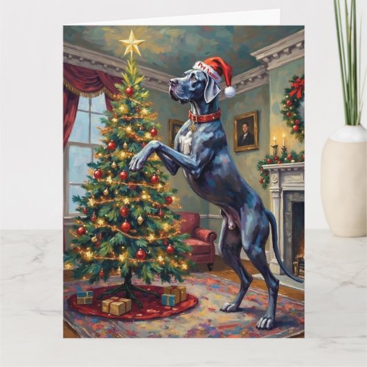 Great Dane Helping Decorate Christmas Star Hat カード (正面)