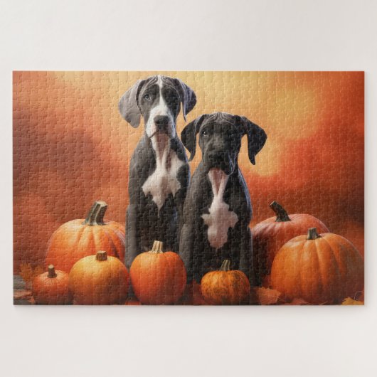 Great Dane Puppy Autumn Delight Pumpkin ジグソーパズル (横)