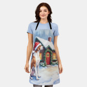 Great Dane Snowy Cabin Santa Hat Christmas Art エプロン (着用した状態)