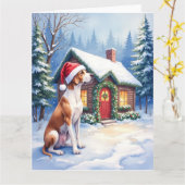 Great Dane Snowy Cabin Santa Hat Christmas Art カード (黄色い花)