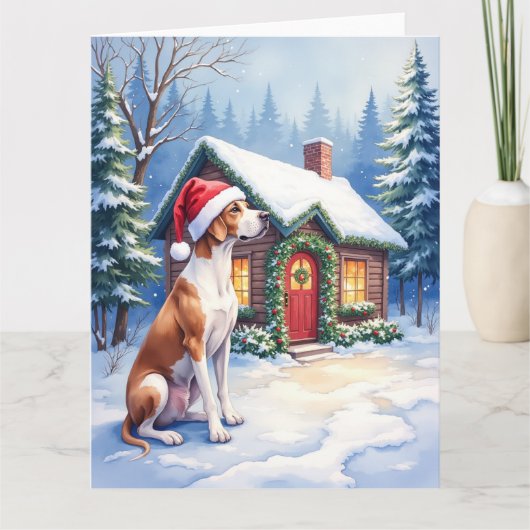 Great Dane Snowy Cabin Santa Hat Christmas Art カード (正面)