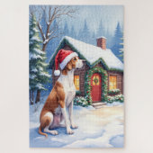 Great Dane Snowy Cabin Santa Hat Christmas Art ジグソーパズル (縦)