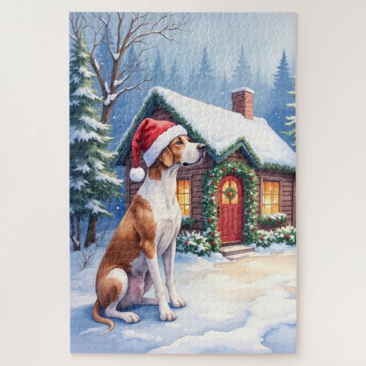 Great Dane Snowy Cabin Santa Hat Christmas Art ジグソーパズル (縦)