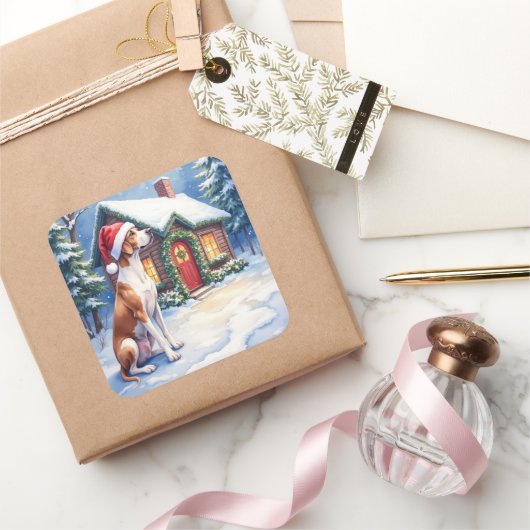 Great Dane Snowy Cabin Santa Hat Christmas Art スクエアシール (ギフト)