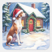 Great Dane Snowy Cabin Santa Hat Christmas Art スクエアシール (正面)