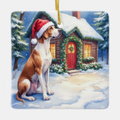 Great Dane Snowy Cabin Santa Hat Christmas Art セラミックオーナメント (正面)