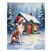 Great Dane Snowy Cabin Santa Hat Christmas Art ポスター (正面)