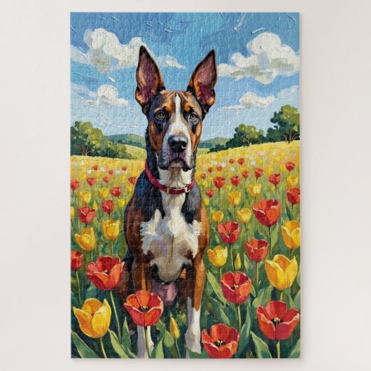 Great Dane Spring Tulip Field Dog ジグソーパズル (縦)
