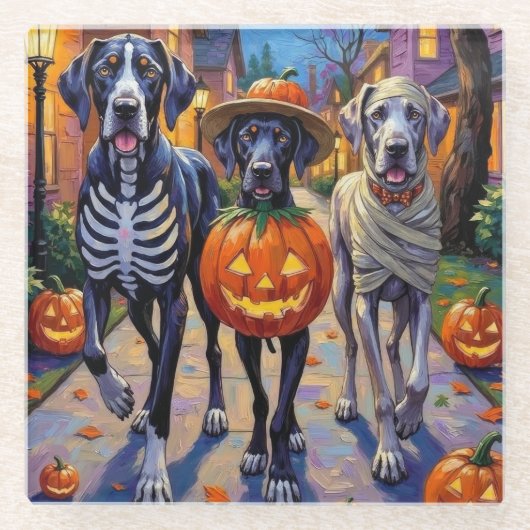 Great Dane Trick-or-Treating Halloween Costumes ガラスコースター (正面)