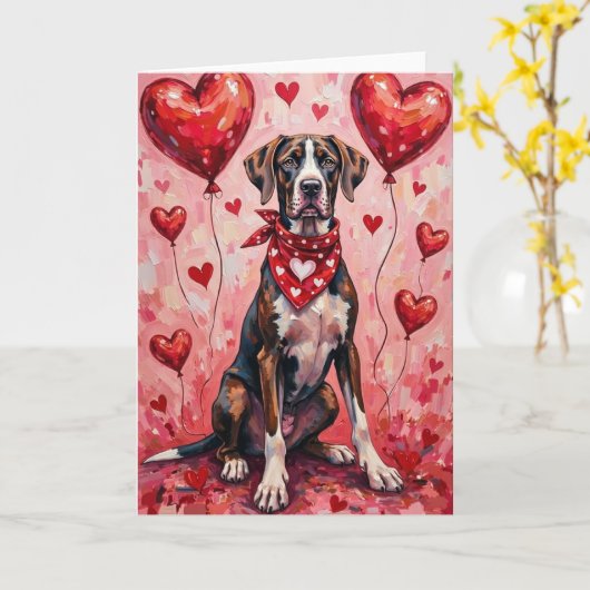 Great Dane Valentine’s Day Dog with Hearts Red カード (黄色い花)