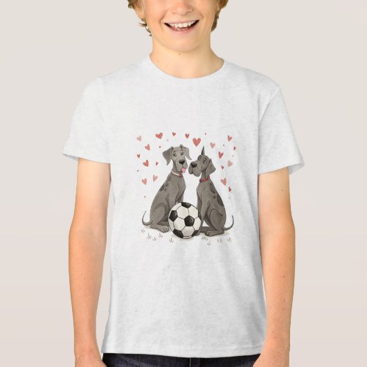 Great Dane with soccer ball for Valentine's Day トライブレンドＴシャツ (正面)