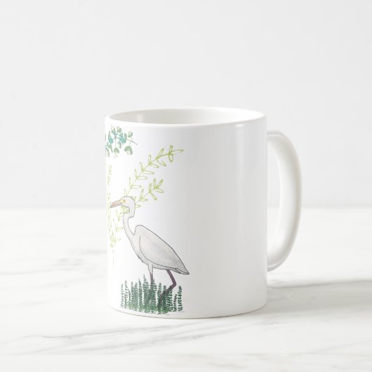 Great Egret floral bird pattern コーヒーマグカップ (正面右)