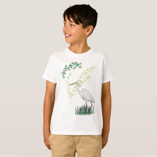 Great Egret floral bird pattern Tシャツ (正面フル)