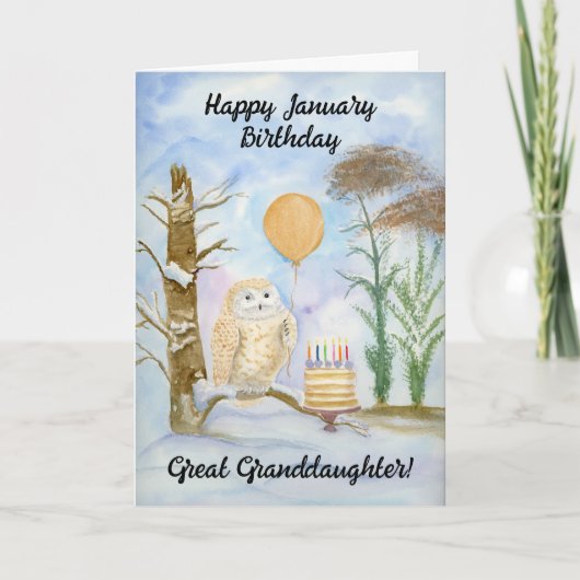 Great Granddaughte Happy January Birthday Owl Cake カード (正面)