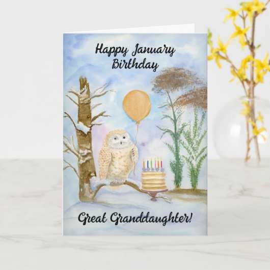 Great Granddaughte Happy January Birthday Owl Cake カード (黄色い花)