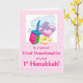 Great Granddaughter First Hanukkah Blue Dreidel カード (黄色い花)